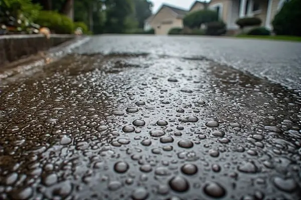 Water droplets forming on a partially dried sealed driveway, showing the beginning of moisture damage