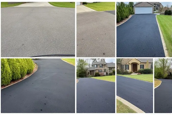 Driveway divided into sections showing different stages of sealer application and drying