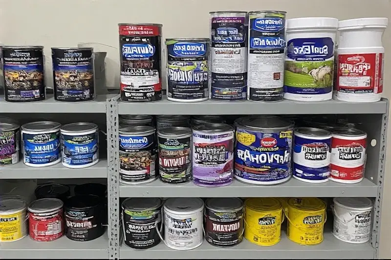 Étagère de quincaillerie montrant différentes marques de scellant pour asphalte avec des étiquettes en français