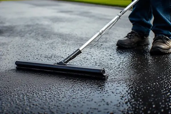 Application professionnelle de scellant sur une entrée d'asphalte avec une raclette en caoutchouc