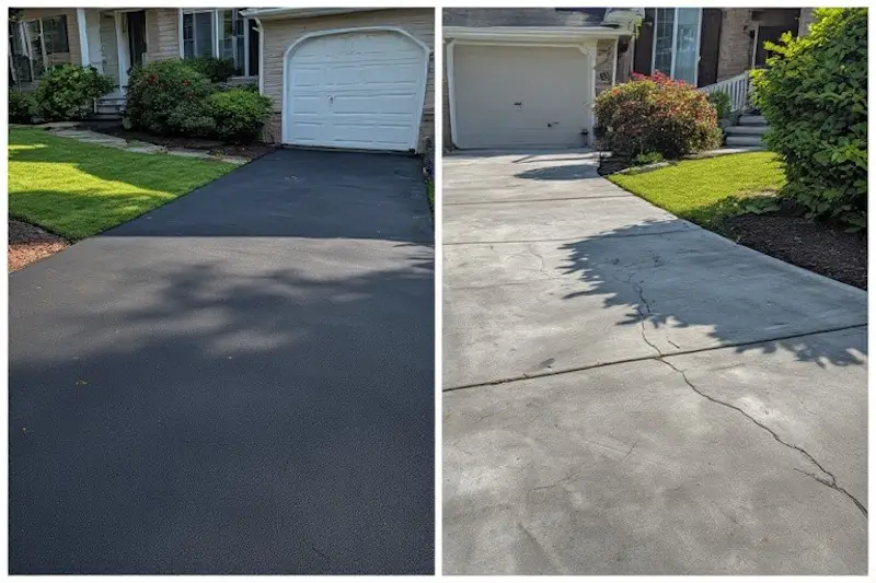 Comparaison côte à côte d'une entrée en asphalte et d'une entrée en béton