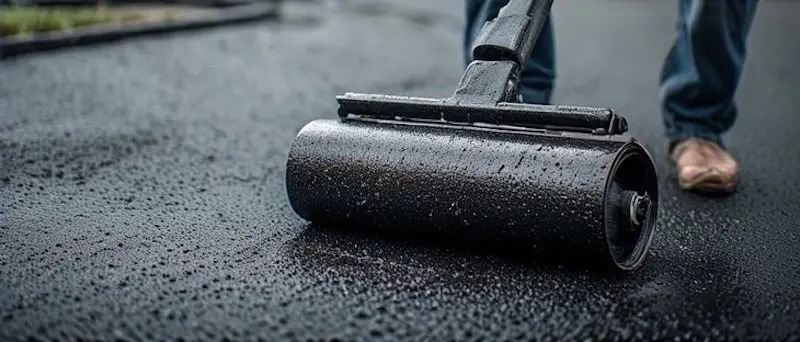 Propriétaire appliquant un scellant sur son entrée d'asphalte avec un rouleau