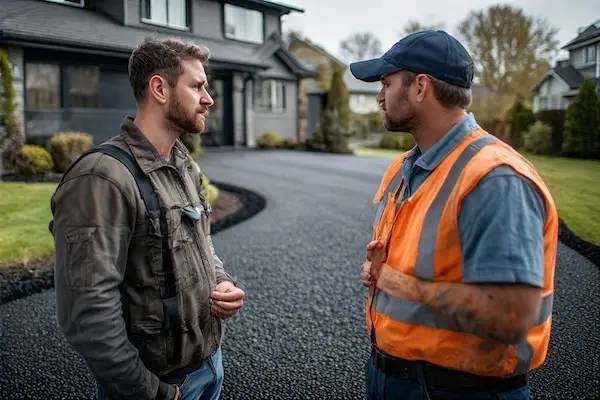 Entrepreneur en pavage discutant with a client devant une entrée d'asphalte fraîchement installée