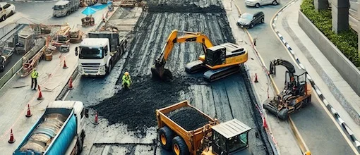 Un parking commercial en cours de rénovation avec de la machinerie lourde enlevant le vieil asphalte, entouré d'immeubles de bureaux et de barrières de sécurité.